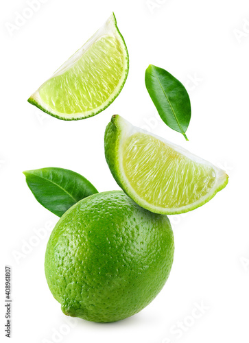 Lime fruit isolate. Lime whole, half, slice, leaf on white. Falling lime slices with leaves. Flying fruit. Full depth of field..
