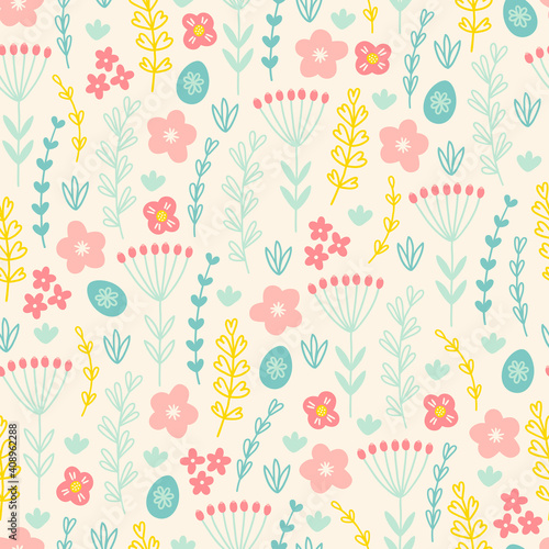 Wallpaper Mural Easter seamless pattern with flowers, herbs, eggs, leaves, grass Torontodigital.ca