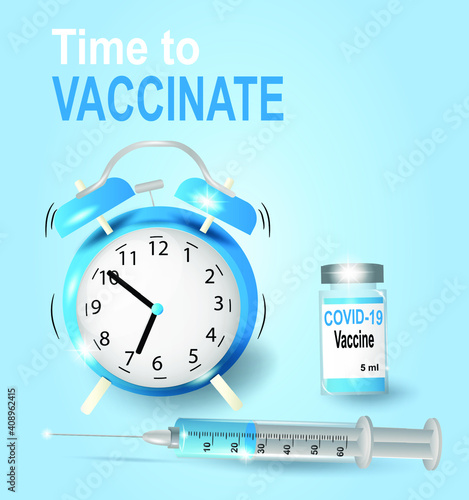 Time to vaccinate. Vector coronavirus vaccine background. Vaccination against COVID-19 coronavirus with vaccine vial and syringe injection tool for covid19 immunization treatment. Vector