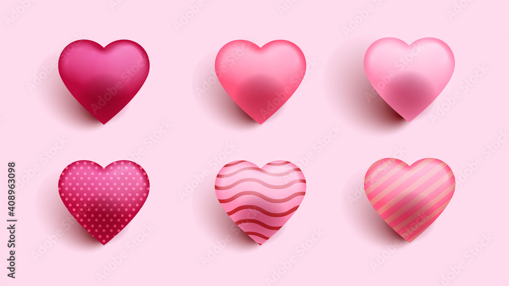 Set of Hearts Realistic Decoration 3D Object. Romantic Love Symbol Icon, Design Element for Birthday, Wedding, Greeting Card Invitation. Romantic Symbol of Love Heart Vector Illustration EPS 10