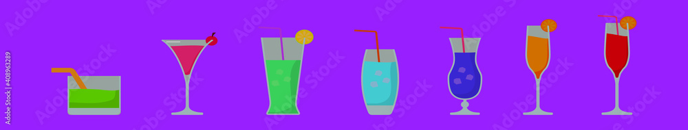 set of fresh drink cartoon icon design template with various models. vector illustration isolated on purple background set of fresh drink cartoon icon design template with various models. vector illustration isolated on purple background