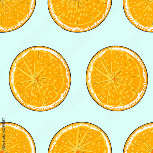 Seamless pattern of halves of a fresh, juicy orange peeled or a cut round orange slices on a blue background. Hand-drawn flat image. Endless vector background. Orange slices are arranged in even rows.