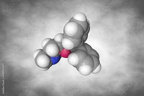Molecular structure of diphenhydramine. Atoms are represented as spheres with conventional color coding: carbon (grey), oxygen (red), hydrogen (white), nitrogen (blue). 3d illustration photo