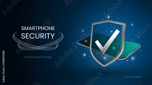 Smartphone data protection concept. Realistic transparent shield protects information on the phone from external threats, scammers, viruses. Safety. Dark blue background for advertising. 3d