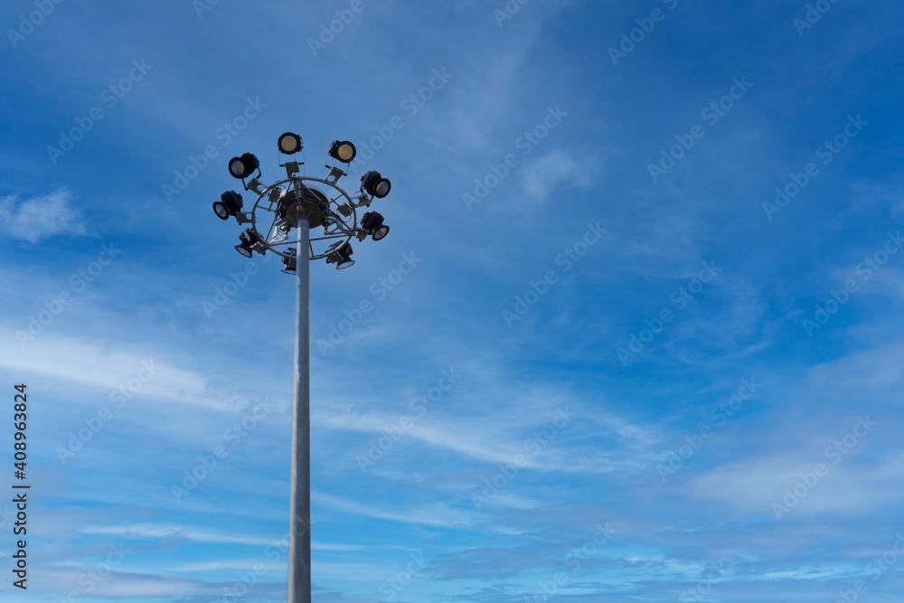 LED Circular light pole on sky background with copy space on the right LED Circular light pole on sky background with copy space on the right