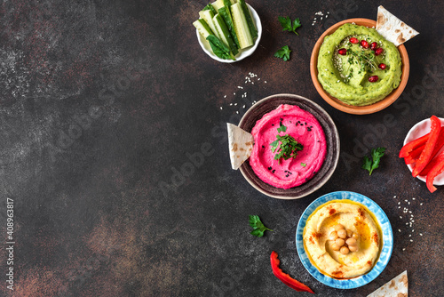 Colorful hummus vegan dips