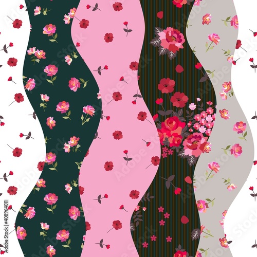 Wavy patchwork pattern with flowers. Seamless quilt design with floral ornament. Vector illustration.