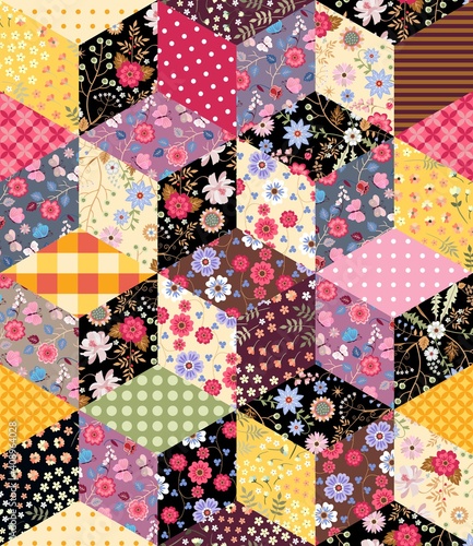 Patchwork seamless pattern with floral and geometric ornaments. Colorful vector illustration.