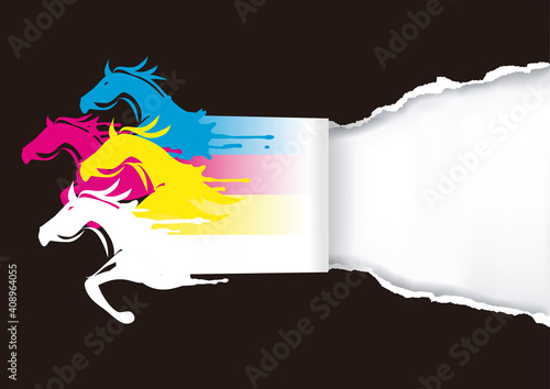Fast printing concept, color print .
Four running horses in the colors of the CMYK color model ripping black paper.Banner template. Vector available.