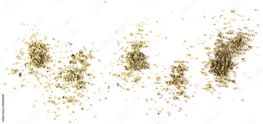 Dried oregano leaves pile isolated on white background, top view