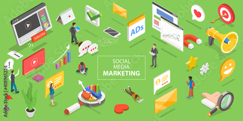 3D Isometric Flat Vector Conceptual Illustration of Social Media Marketing, Digital Advertising Campaign.