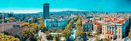 Canvas Print Panorama on whole Barcelona modern and historical areas. Spain.