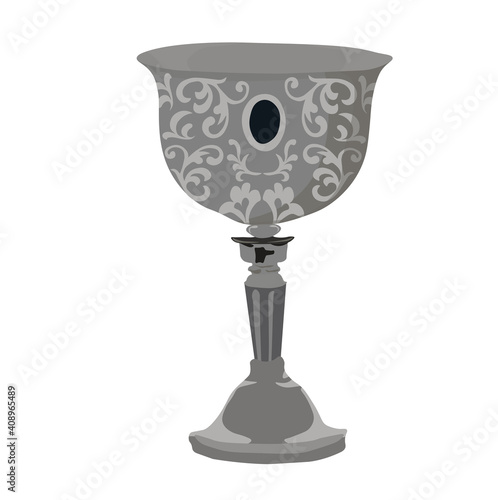 Medieval cup vector stock illustration. The silver bowl is medieval. A knight's glass of wine. Isolated on a white background.