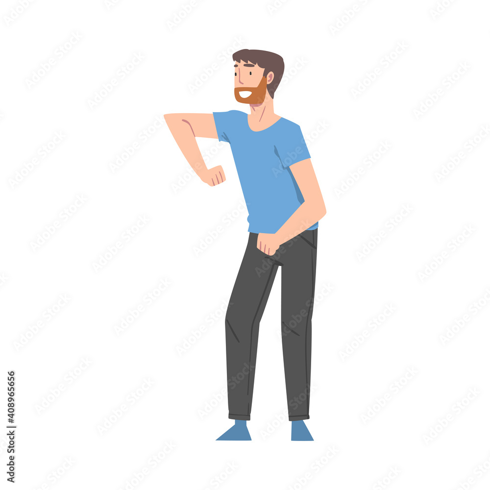 Overjoyed Bearded Male Character Gesturing with Elbow and Smiling with Joy and Excitement Full Length Vector Illustration Overjoyed Bearded Male Character Gesturing with Elbow and Smiling with Joy and Excitement Full Length Vector Illustration