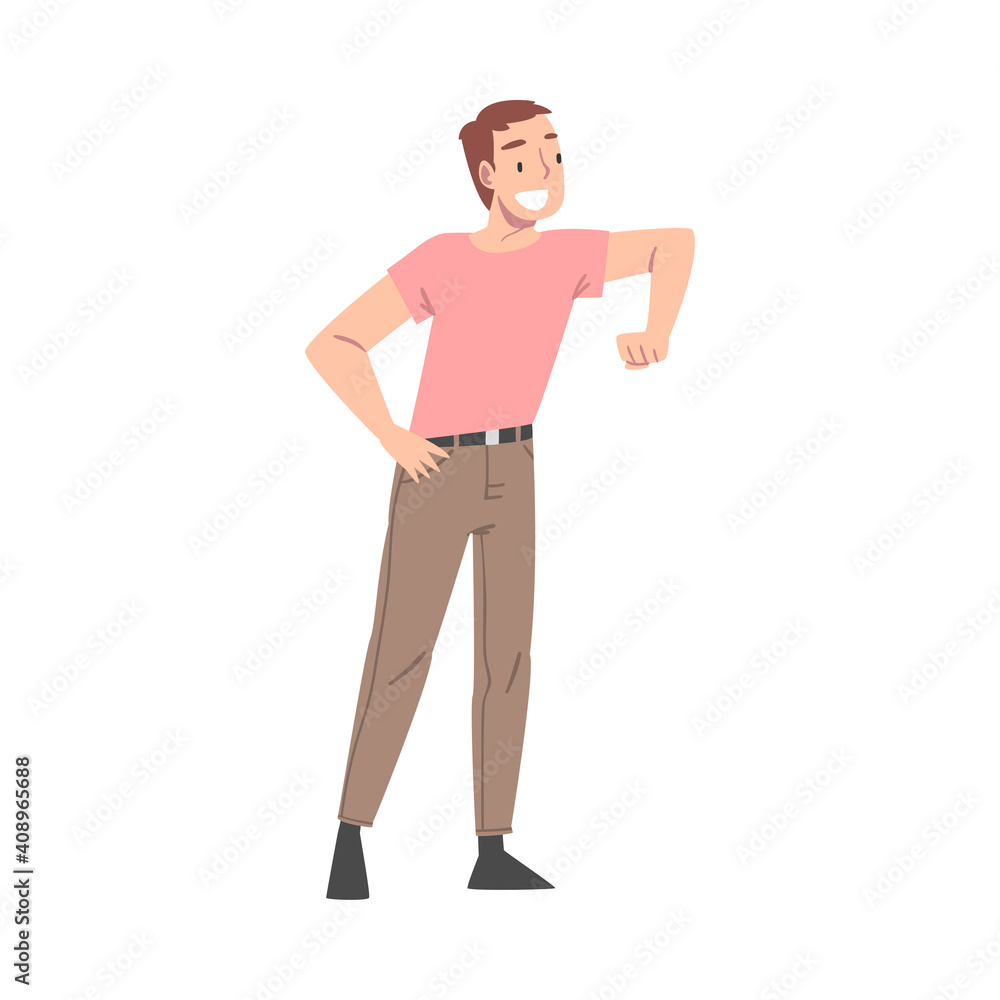 Fototapeta premium Overjoyed Male Character Gesturing with Elbow and Smiling with Joy and Excitement Full Length Vector Illustration