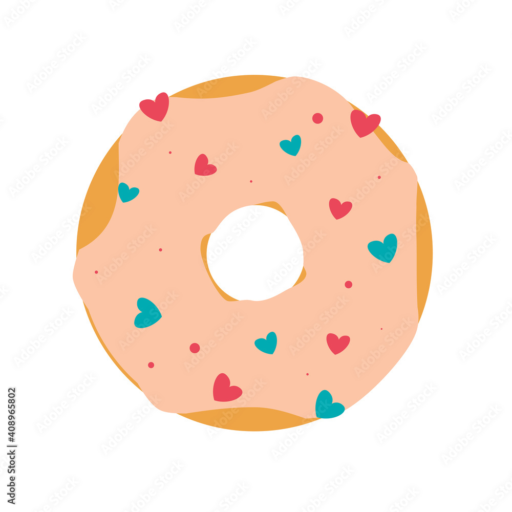 Hand drawn sweet doughnut with pink topping and hearts on top view. Flat Vector illustration isolated on white background. Cartoon donut Hand drawn sweet doughnut with pink topping and hearts on top view. Flat Vector illustration isolated on white background. Cartoon donut