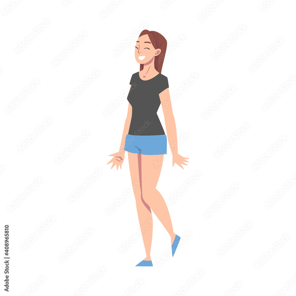 Overjoyed Female Character Standing and Smiling with Joy and Excitement Full Length Vector Illustration Overjoyed Female Character Standing and Smiling with Joy and Excitement Full Length Vector Illustration