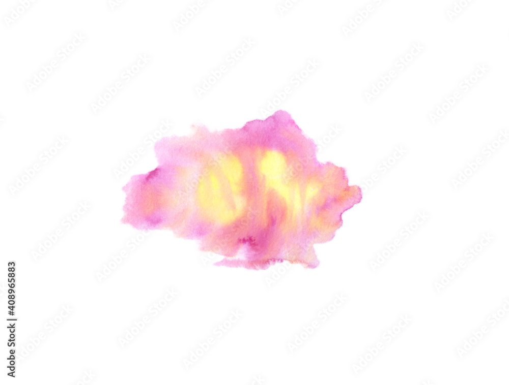 Watercolor yellow pink spot cloud paint isolated on white background. Blurred background. An abstraction. Spring sky. Sunrise