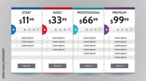 Web pricing table design for business .vector infographics template illustration for website, application.