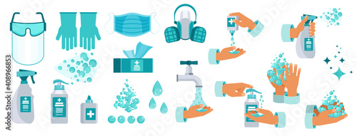 Set of Antiseptic for disinfection. Hand hygiene. Hand washing with soap.