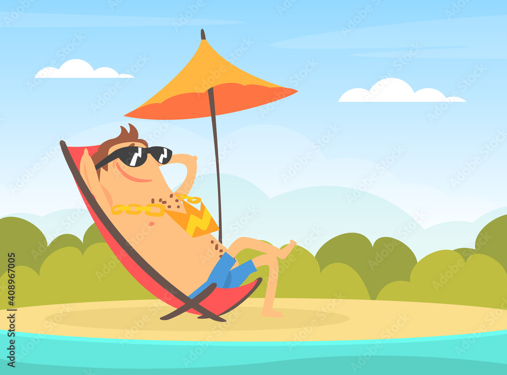 Lucky Rich Man Sunbathing on Lounger at Tropical Resort, Financial Success Concept Cartoon Vector Illustration