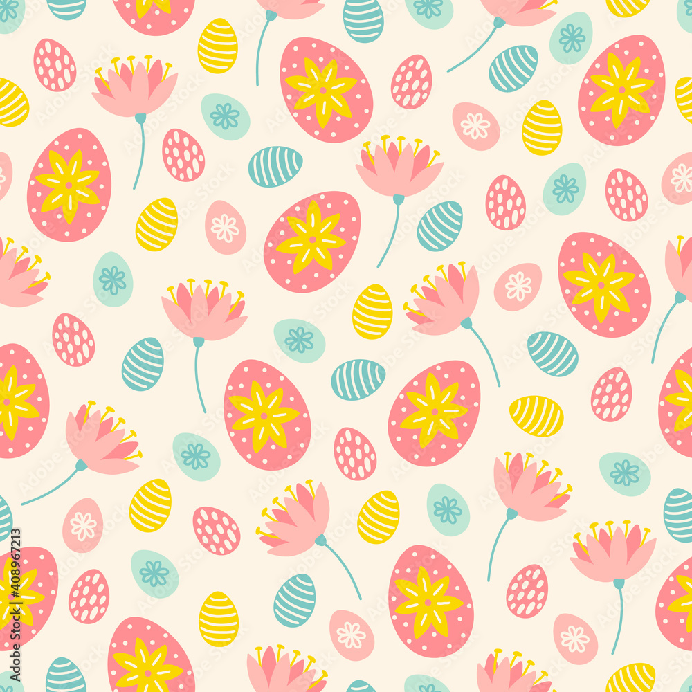 Easter seamless pattern with flowers and eggs. Scandinavian style Easter seamless pattern with flowers and eggs. Scandinavian style
