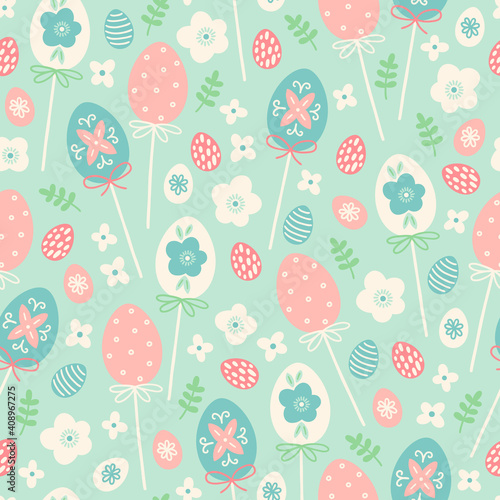Easter seamless pattern with eggs, flowers, leaves. Scandinavian style