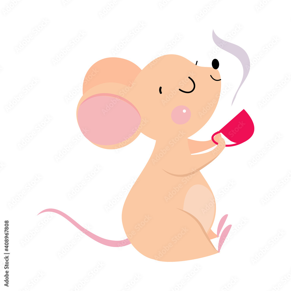 Fototapeta premium Funny Mouse with Pointed Snout and Rounded Ears Drinking Aromatic Tea Vector Illustration