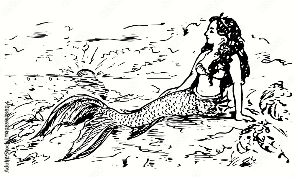 Mermaid sitting on rock and looking on ocean landscape with sunset. Ink