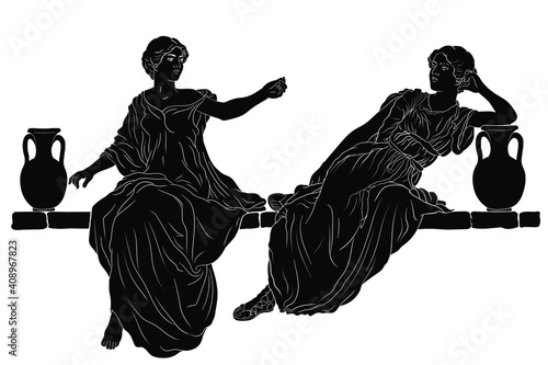 Two ancient Greek young beautiful slender girls sisters are sitting on a stone parapet with jugs of wine and water. Figures isolated on white background.