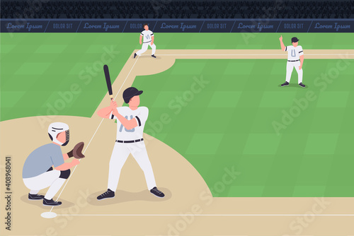 Baseball match flat color vector illustration. Competition between two teams. Proffessional baseball team players 2D cartoon characters with huge stadium full of people on background