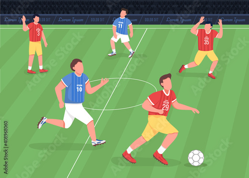 Football match flat color vector illustration. Forward running towards enemy side. Proffessional soccer team players 2D cartoon characters with huge stadium full of shouting fans on background