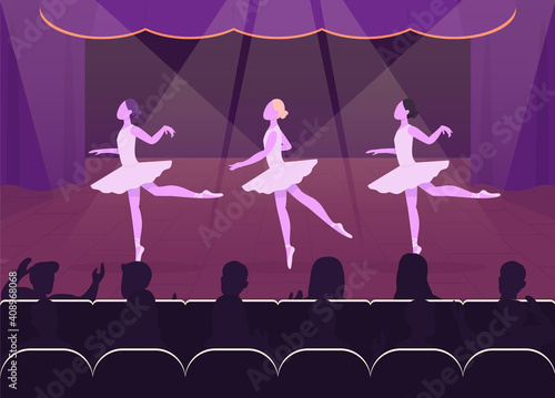 Ballet perfomance flat color vector illustration. Beautiful evening event. Goregous balleries dancing in front of crowd 2D cartoon characters with nice decorated stage on background
