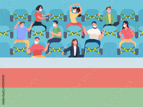 Fans sitting on stadium flat color vector illustration. Pandemic limitations during sport events. People in masks 2D cartoon characters with chairs with attenrion stickers on background