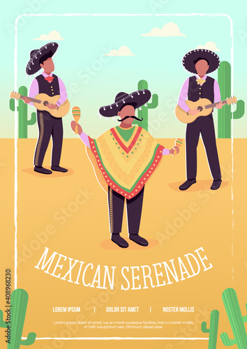 Mexican serenade flat vector template. Traditional latinos songs. Brochure, booklet one page concept design with cartoon characters. Fast rhytmical songs with national instruments flyer, leaflet