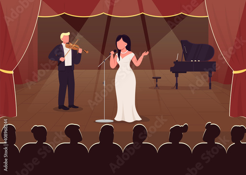 Concert hall perfomance flat color vector illustration. Evening show of beutiful songs. Elegant classical music show artists 2D cartoon characters with big luxury theatre on background