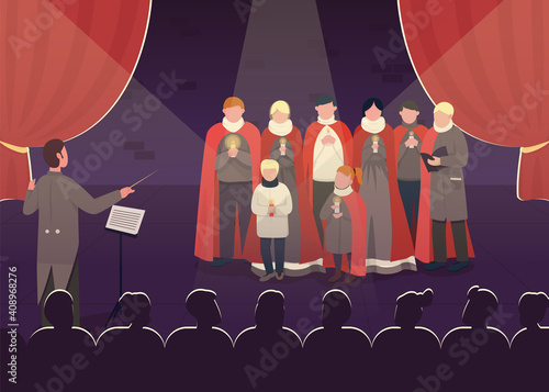 Old fashioned singing perfomance flat color vector illustration. Lovely melody during visiting opera show. Special choir 2D cartoon characters with huge audience in theatre on background