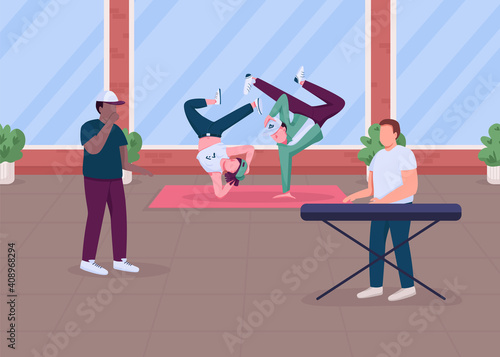Modern hip hop music show flat color vector illustration. Special dancing perfomance at home. Hip hop musicians and dancers 2D cartoon characters with stylish apartaments on background