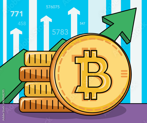 trend illustration of bitcoin and cryptocurrency price growth. A bullish wave in the cryptocurrency market. The rise in the price of bitcoin picture.  Yellow coin and green arrow. Vector.