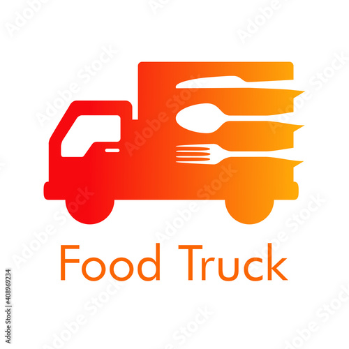Logotipo con texto Food Truck con camión con cubiertos en color naranja