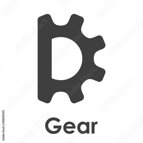 Logotipo con texto Gear y silueta de rueda dentada con forma de letra D en color gris