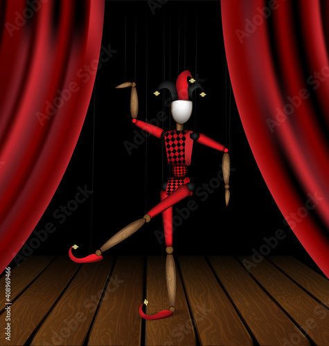 vector illustration wooden theater stage and Harlequin