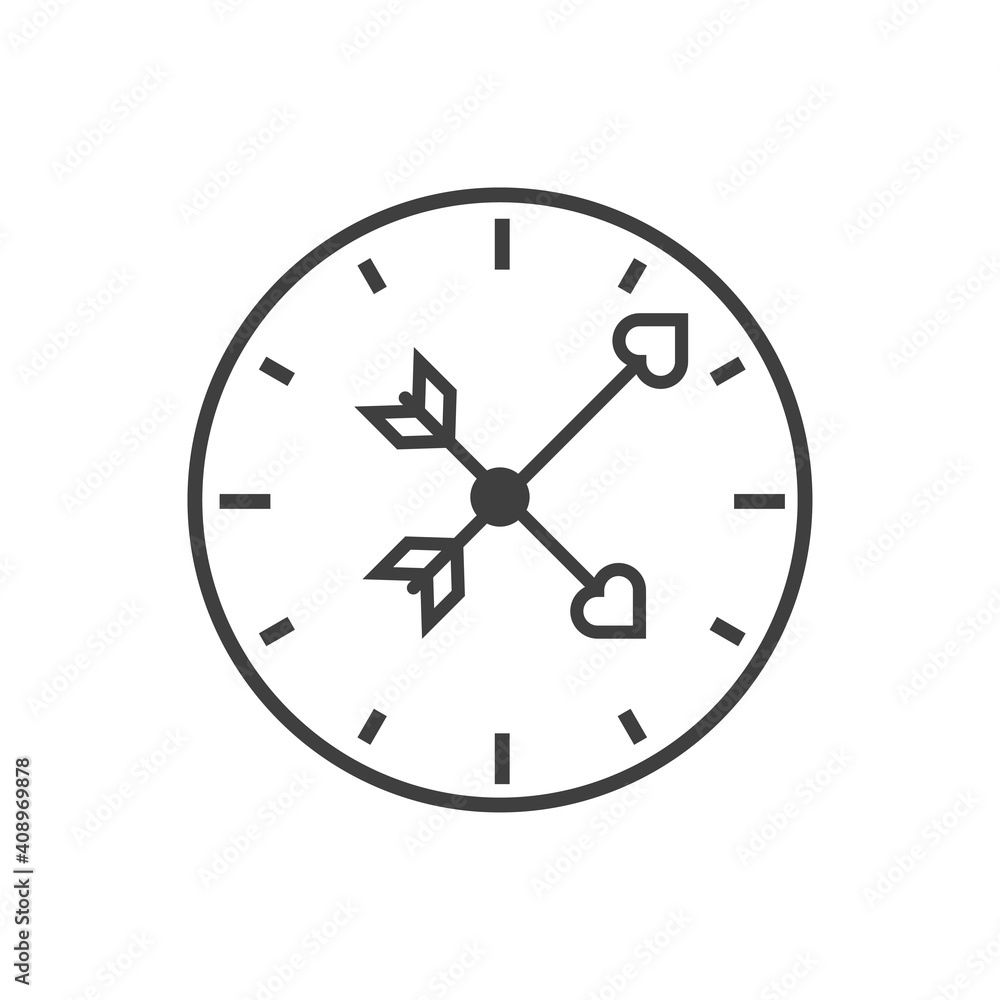 Tiempo de amor. Logotipo reloj con 2 flechas con corazón con forma de manecilla con lineas en color gris Tiempo de amor. Logotipo reloj con 2 flechas con corazón con forma de manecilla con lineas en color gris