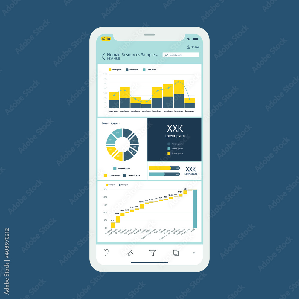 Power bi on mobile. Data visualization application. Business and finance. Smartphone. EPS10
