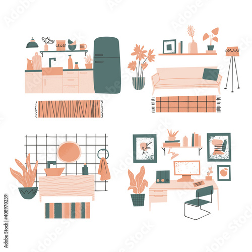 Furniture store concept. Living room, kitchen, bathroom and workspace interior design. Furniture elements set. Home accessories and decor. Vector illustration in a flat style