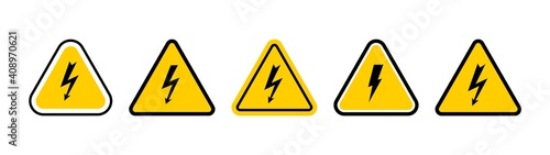 Set of high voltage icons. Triangle shape with thunder bolt symbols isolated on white background.