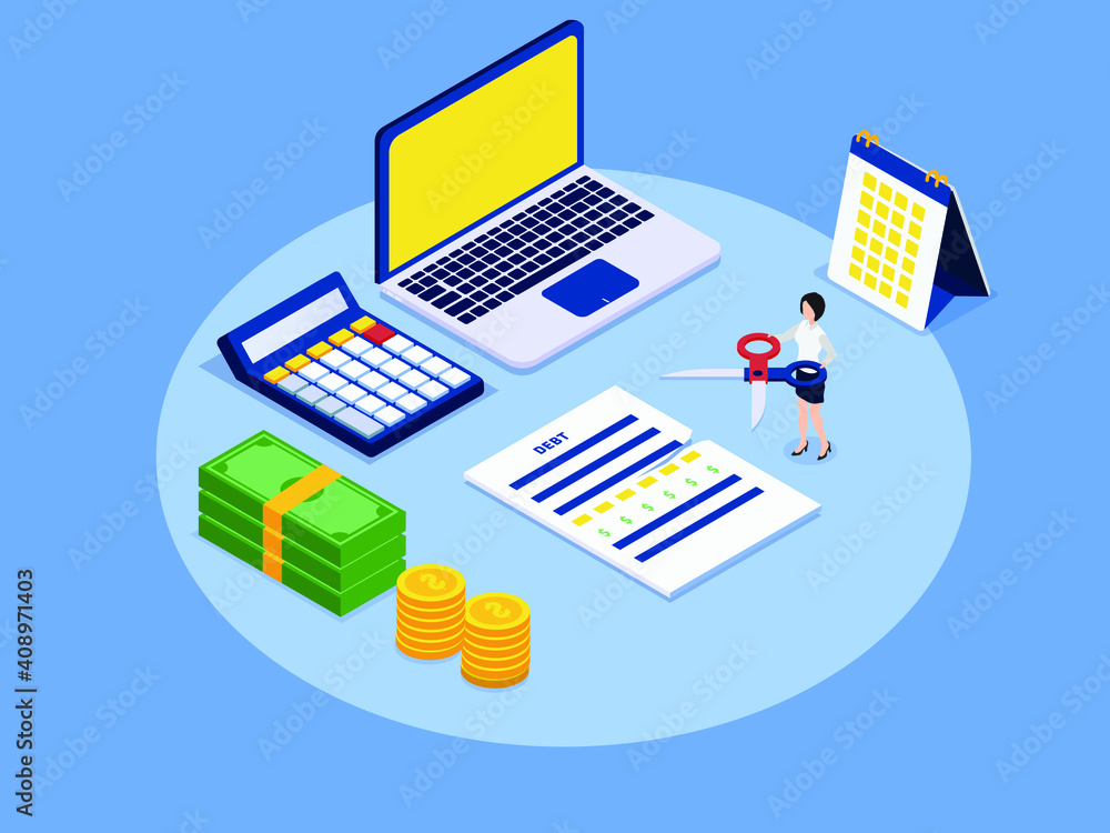 Cutting debt 3D isometric vector concept for banner, website, illustration, landing page, flyer, etc Cutting debt 3D isometric vector concept for banner, website, illustration, landing page, flyer, etc