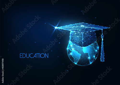 Futuristic international eductaion concept with glowing low polygonal graduation cap and Earth globe