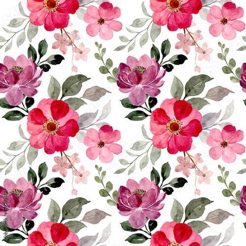 Seamless pattern of red purple floral watercolor
