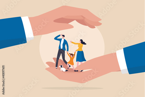 Family safety, life insurance or protection concept, lovely family holding hands, parent with daughter and cute little dog in helping hand palm with other hand cover above for shelter and protection.